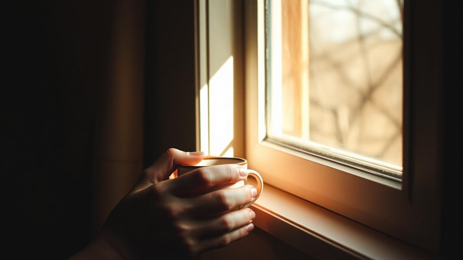 A woman's hands cradling a warm ceramic mug beside a sunlit window, muted earthy tones.